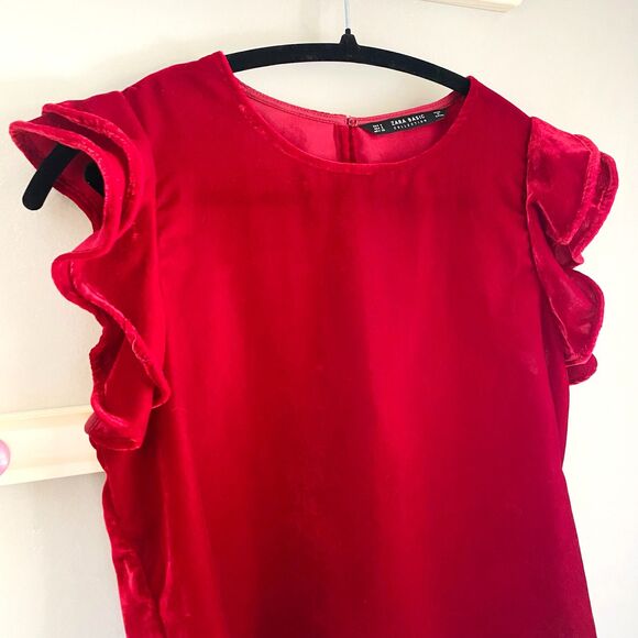 Zara Ruby Red Velour Ruffled Sleeve Semi-cropped Top - Picture 3 of 8